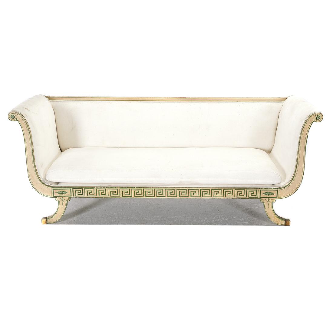 Danish Neo-Classical Painted Wood Sofa: Danish Neo-Classical Painted Wood Sofa. Patinated white paint ground with green painted decoratoin including a key fret pattern along the apron and painted rosettes on the scroll arms and apron. White