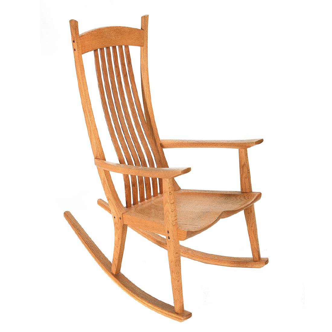 Robert Erickson American Studio Bench-Made Oak Rocking: Robert Erickson American Studio Bench-Made Oak Rocking Armchair. Nevada City, CA. 1998. {Approximate dimensions: 46 1/4 high x 25 wide x 39 inches deep.} Condition: Some water stains to finish on the