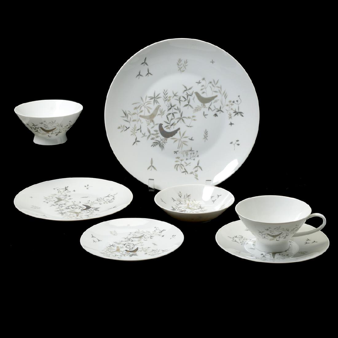 Raymond Loewy Rosenthal Mid-Century Birds on Trees: Raymond Loewy Rosenthal Mid-Century Birds on Trees Pattern Porcelain Dinner Set. 83 piece lot comprising twelve dinner plates, twelve salad plates, twelve bread and butter plates, twelve small fruit/d