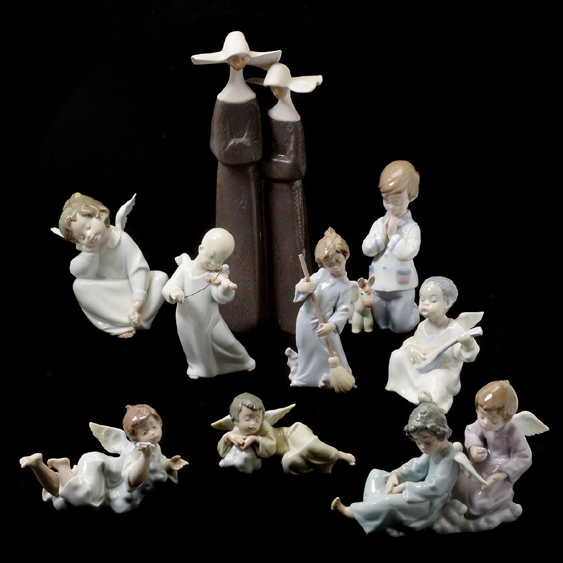 Nine Lladro Angels and Other Religious Themed Figures: Nine Lladro Angels and Other Religious Themed Figures. Comprising: #2075 Nuns, #4536 Angel, #4537 Angel, #4961 Angel Dreaming, #5725 Making a Wish, #5726 Sweep Away the Clouds, #5727 Angel Care, #5728