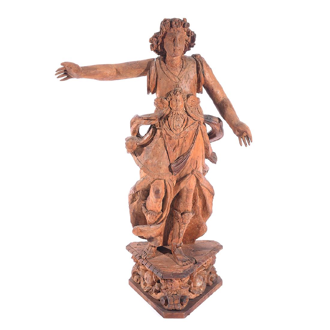 Italian School Mannerist Carved Wood Angel, Missing: Italian School Mannerist Carved Wood Angel. Wearing a robe, contrapposto pose with arms outstretched, set on a trianglular base. Missing the wings. {Approximate dimensions: 37 1/2 high x 24 wide x 9 i