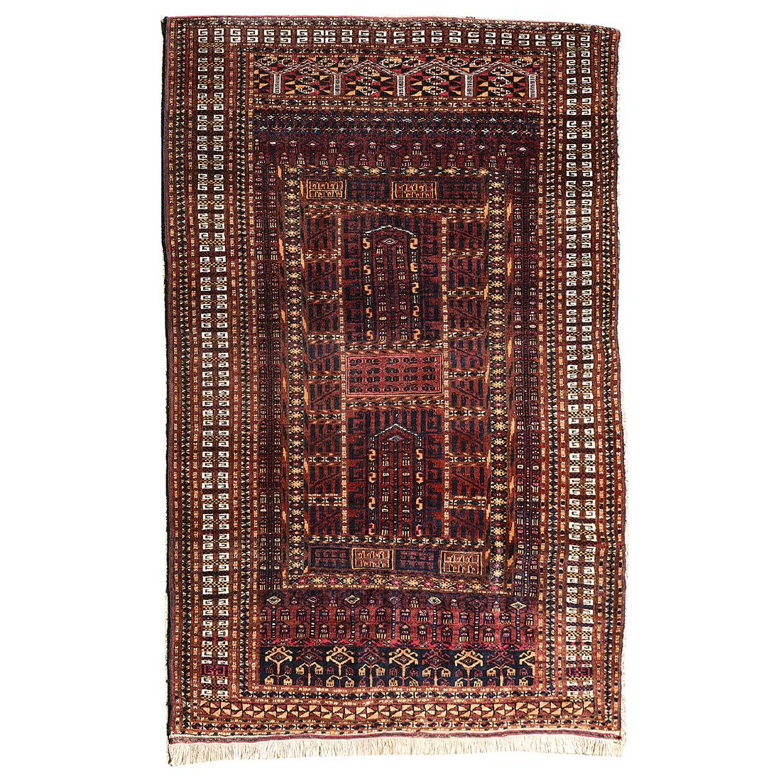 A Saryk Ensi, Turkmen Rug.: A Saryk Ensi, Turkmen Rug. In dark red all over, with white, orange, and navy decoration. {Approximate dimensions: 5 feet 1 inches x 4 feet.} Condition: Minor fraying to the sides. Slight fading to th