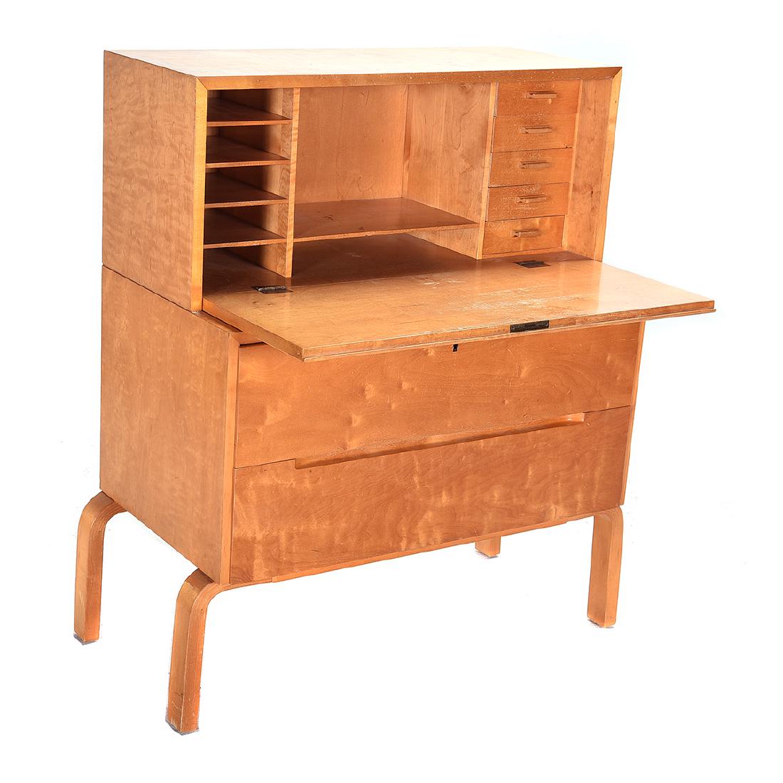 Heywood-Wakefield Style Mid-Century Birch and Maple: Heywood-Wakefield Style Mid-Century Birch and Maple Fall Front Desk. Interior with compartments and five small drawers, over a two drawer body. {Approximate dimensions: 42 high x 33 1/2 wide x 19 inch