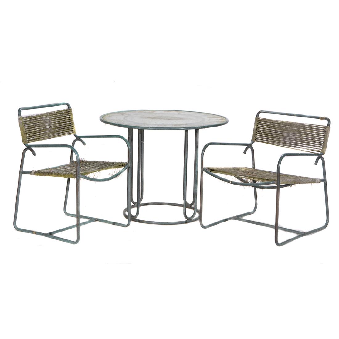 Suite of Walter Lamb Bronze Outdoor Furniture: Suite of Walter Lamb Bronze Outdoor Furniture. Comprised of a circular dining table, two armchairs, two occasional tables, S-lounge chair, and three lounge armchairs with two ottomans. {Approximate Di