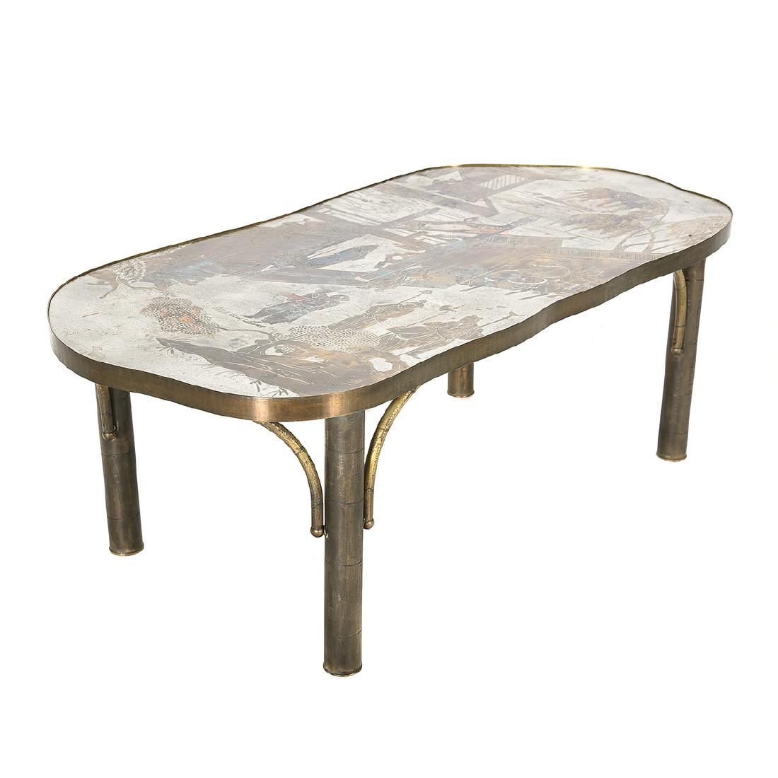 Phillip and Kelvin LaVerne Chinoiserie Bronze Mounted: Phillip and Kelvin LaVerne Chinoiserie Bronze Mounted 'House of Chan #140 Series' Coffee Table. Asymmetrical form surface set on bronze faux bamboo legs. Signed on table surface. {Approximate dimensio