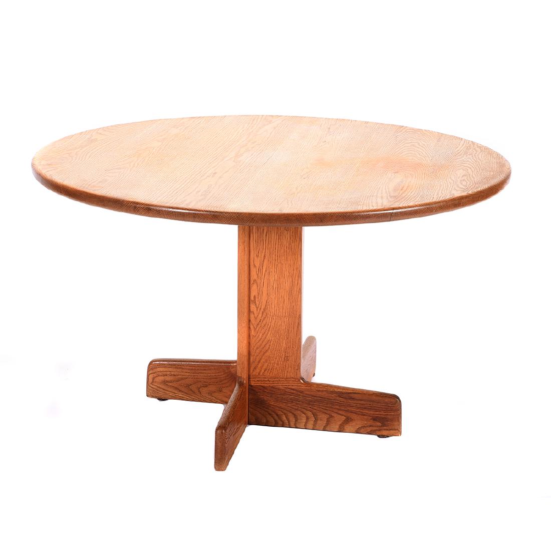 Gerald McCabe Circular Oak Dining Table: Gerald McCabe Circular Oak Dining Table. Gerald McCabe Orange Crate Modern, Eon Furniture Company, Santa Monica California mark burned on the pieces underside. {Approximate dimensions: 29 1/2 tall x 4