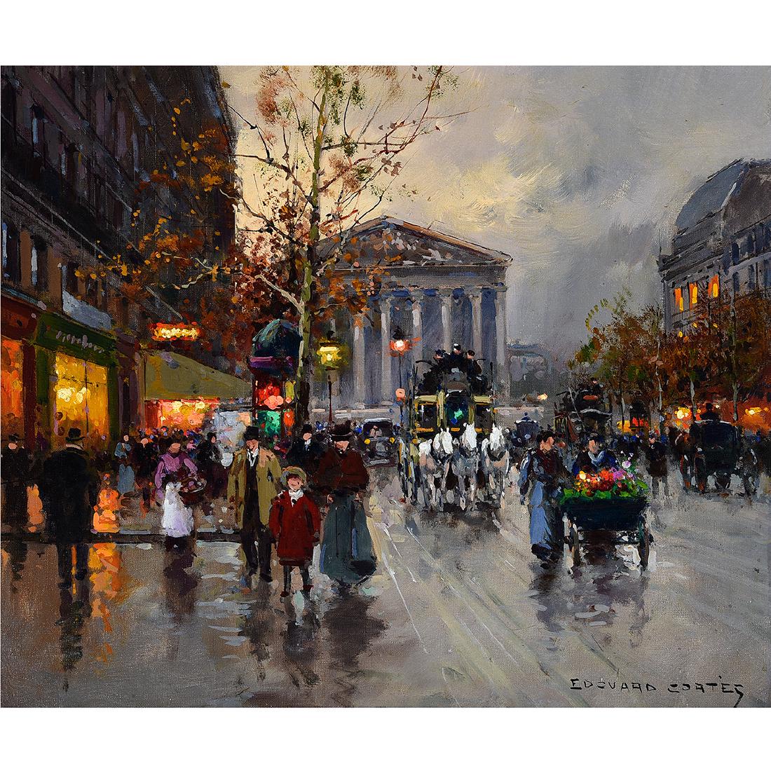 Edouard Leon Cortes "Boulevard de la Madeleine" oil on: EDOUARD LEON CORTES (French 1882-1969) "Boulevard de la Madeleine" Oil on canvas. 17 3/4 x 21 3/4 inches; Frame: 24 3/4 x 28 inches. Signed lower right: Edouard Cortes. Findlay Galleries, Chicago labe