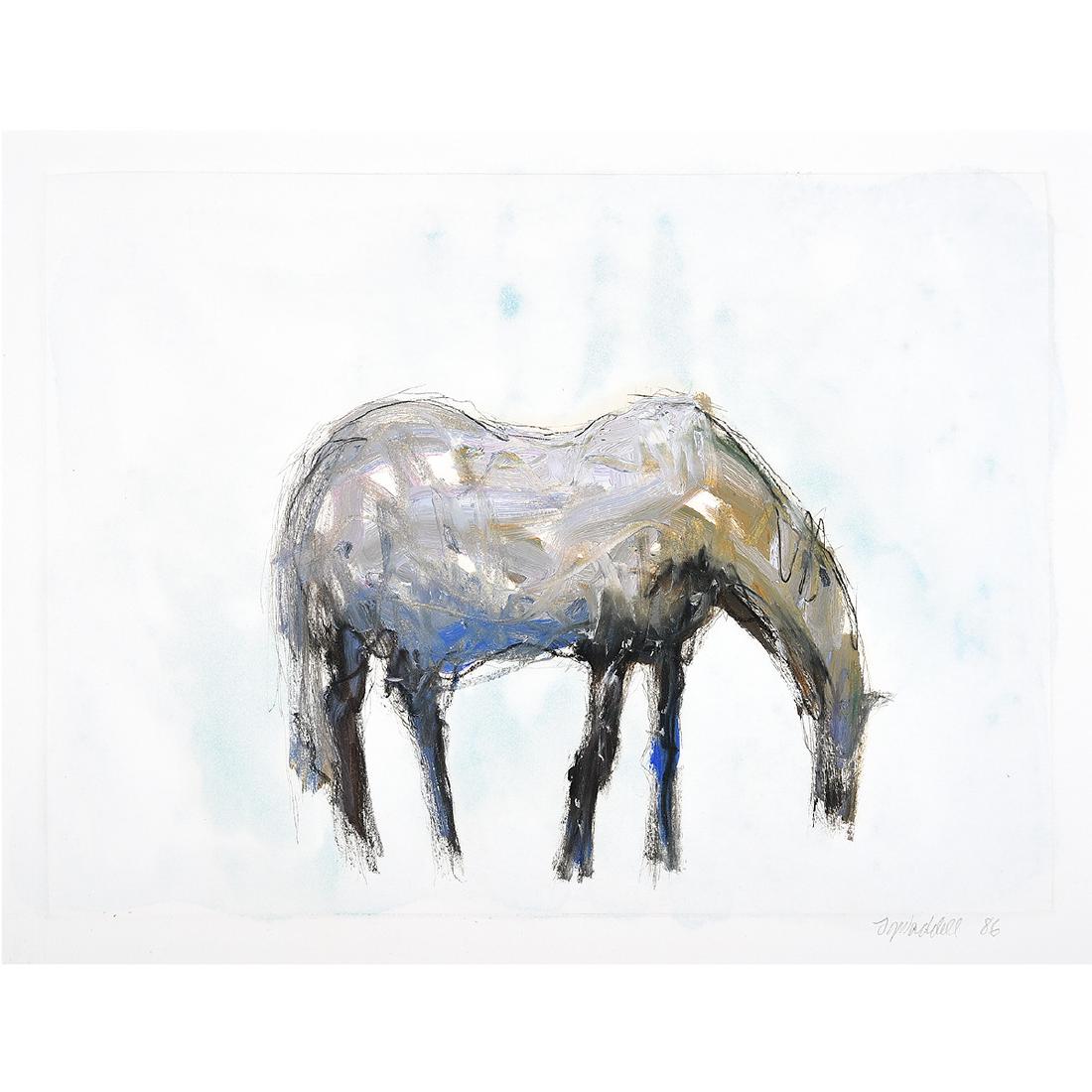 Theodore Waddell "Horse" mixed media on paper: THEODORE WADDELL (American b. 1941) "Horse" Mixed media on paper. Sight: 10 x 12 3/4 inches; Frame: 16 1/8 x 18 3/4 inches. Signed and dated lower right: T. Waddell 86.