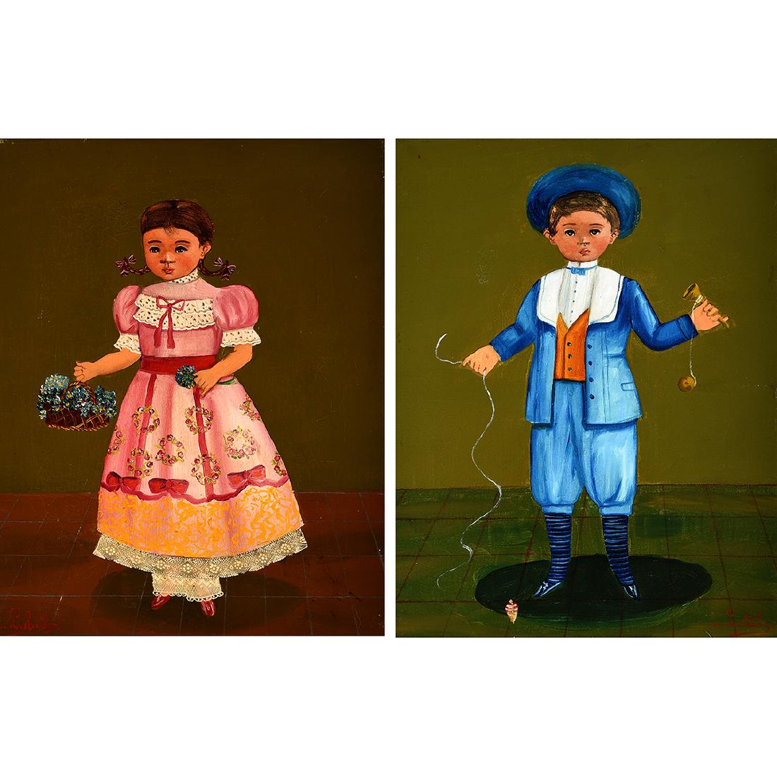 Agapito Labios 2 "Portraits" oil on canvas: AGAPITO LABIOS (Mexican 1898-1996) "Boy in Blue Suit" and "Girl in Pink Dress" Oil on canvas. 16 1/2 x 12 1/2 inches; Frame: 20 3/4 x 16 3/4 inches. 16 3/4 x 12 1/2 inches; Frame: 20 7/8 x 16 3/4 inch