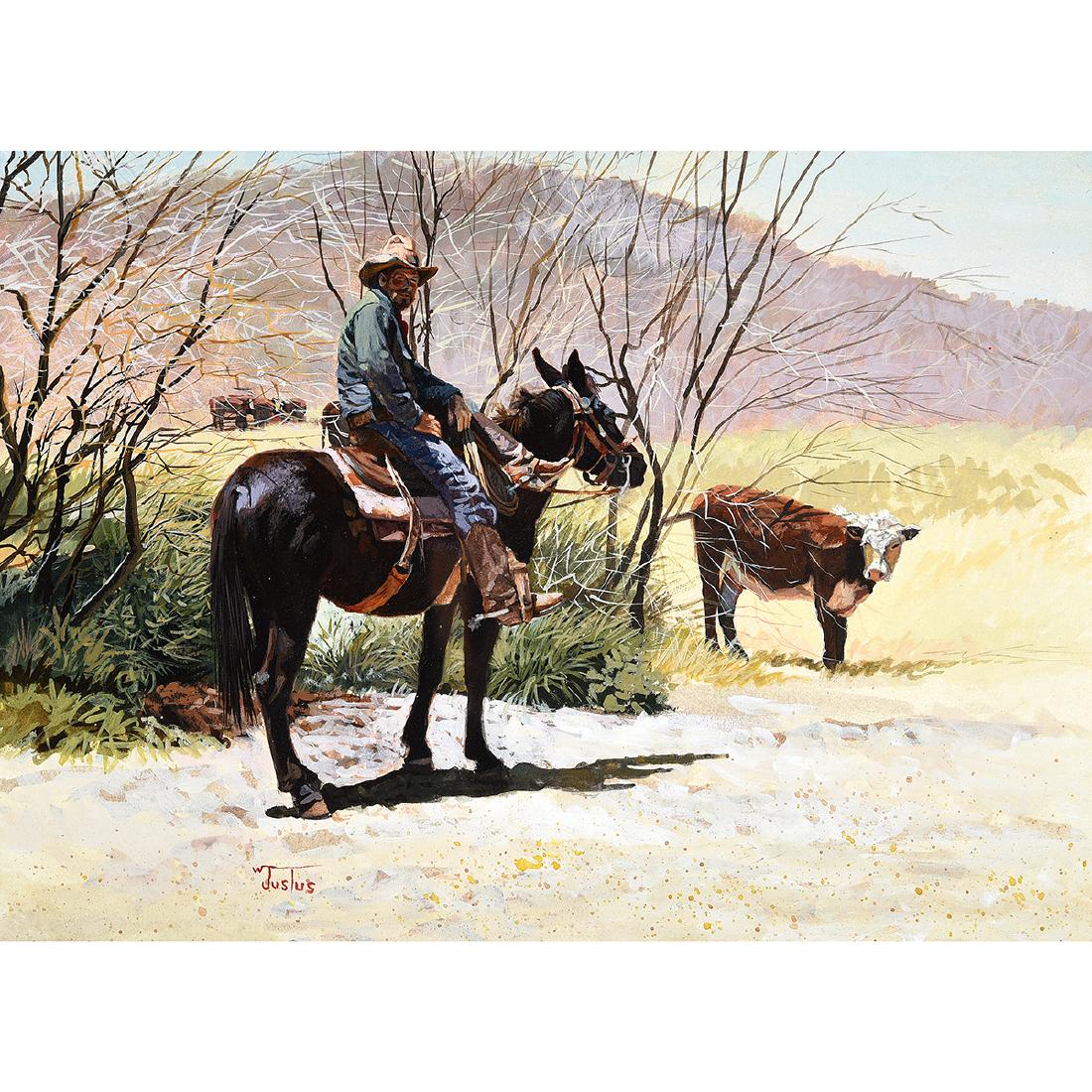 Wayne Justus "Cowboy on Horseback" watercolor and: WAYNE JUSTUS (American b. 1952) "Cowboy on Horseback" Watercolor and gouache on paperboard. Board: 10 1/4 x 14 1/4 inches; Frame: Signed lower left: W. Justus. CONDITION: In overall good condition, wh
