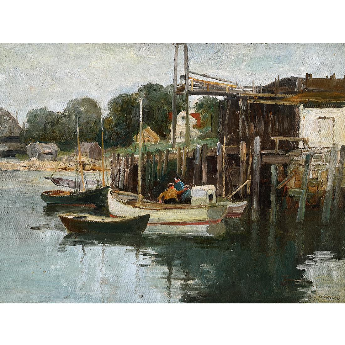 Charles Paul Gruppe "Old Wharf at Rockport, Mass" oil: CHARLES PAUL GRUPPE (American 1860-1940) "Old Wharf at Rockport, Mass" Oil on board. 11 7/8 x 16 inches; Frame: 16 1/4 x 20 3/8 inches. Signed lower right: Chas. P Gruppe; titled verso: Old Wharf t Ro