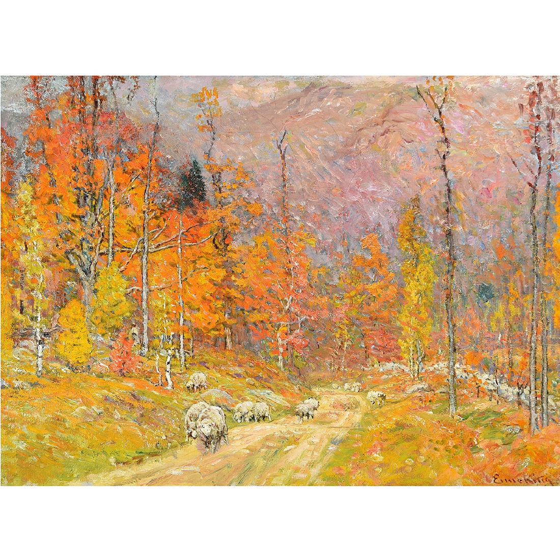John Joseph Enneking "Mountain Road in October": John Joseph Enneking (20th century "Mountain Road in October" Oil on canvas. 22 x 30 1/8 inches; Frame: 24 7/8 x 32 3/4 inches. Signed lower right: Emme King; titled verso upper stretcher bar: "Mounta
