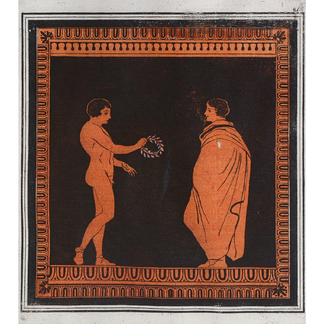 After Hamilton "Classical Male Nude and Robed Man": HAMILTON PRINT, named after Sir William Hamilton (1730 - 1803) "Classical Male Nude and Robed Man" Hand colored black and red engraving Hamilton was the British Ambassador to the court of Naples 1764 