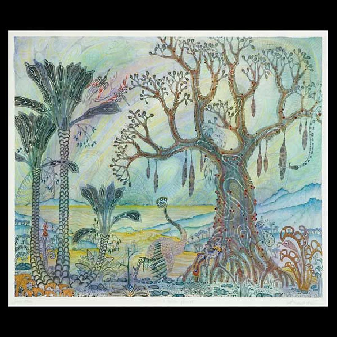 Jesse Allen "Mao under a hidden planet" embellished: JESSE ALLEN (British/American. b.1936) "Mao Under a Hidden Planet, 23rd August 1988" Hand embellished etching with aquatint. Image Size: 20 3/4 x 24 1/4 inches. Signed lower left, titled lower center,