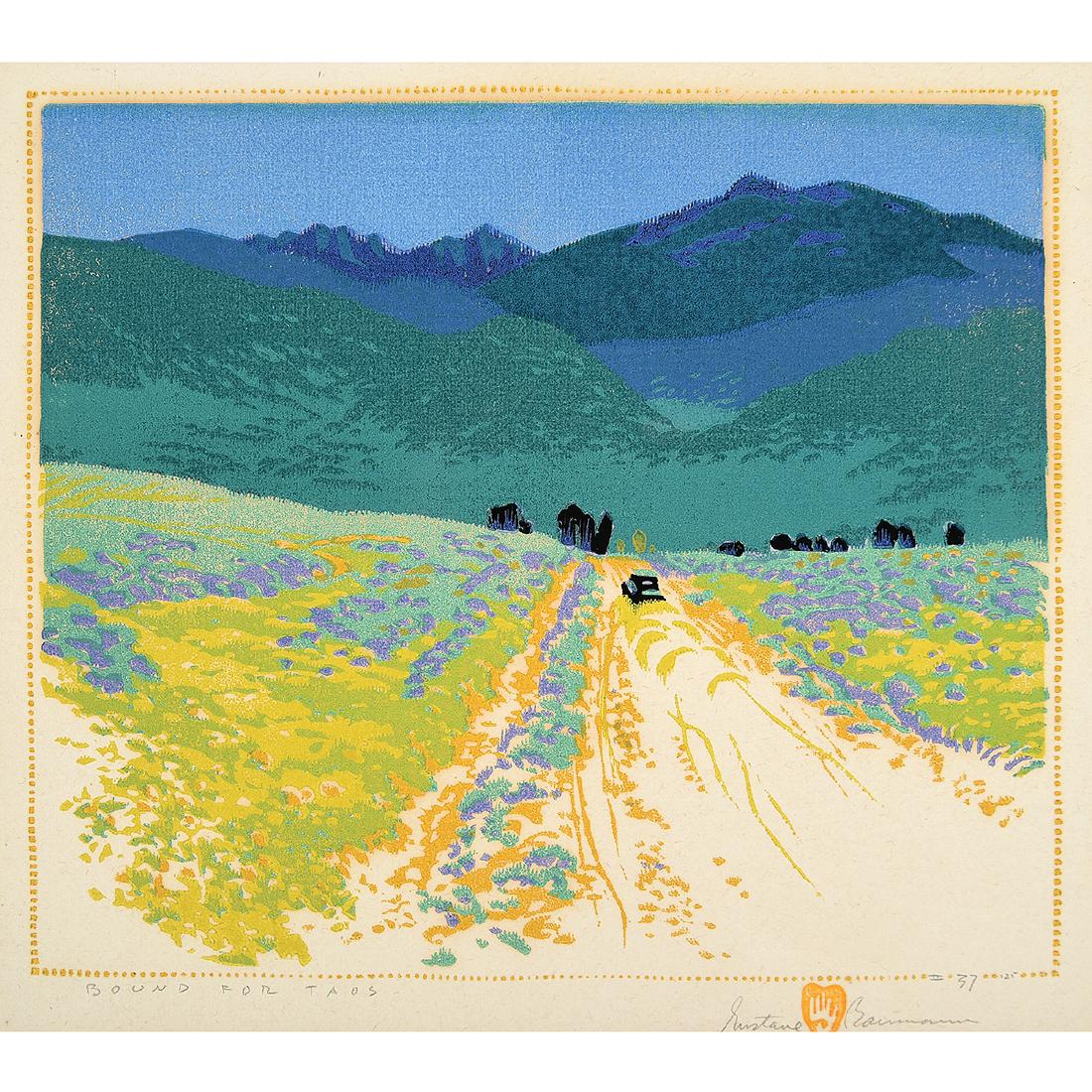 Gustave Baumann "Bound for Taos" color woodcut: GUSTAVE BAUMANN (American/ German 1881-1971) "Bound for Taos" Colored woodcut. Image: 9 1/2 x 11 inches; Sheet: 13 1/4 x 17 1/8 inches; Frame: Pencil signed with artist mark and numbered lower right: