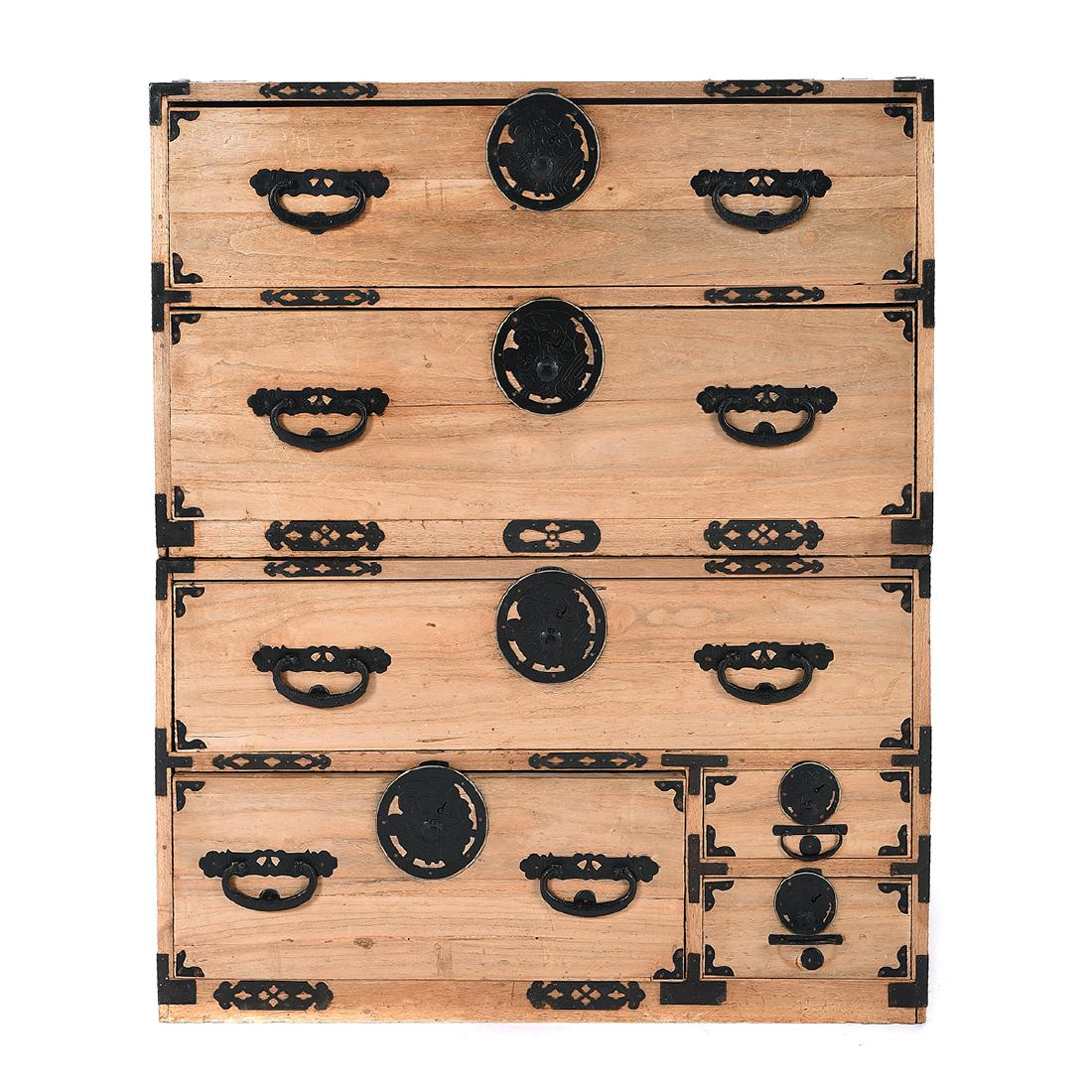 Japanese Two-Piece Tansu with Brass Mountings: Japanese Two-Piece Kitchen Tansu with Brass Mountings. {41 1/2 x 35 1/2 x 15 3/4 inches (105.4 x 90 x 10 cm)}.