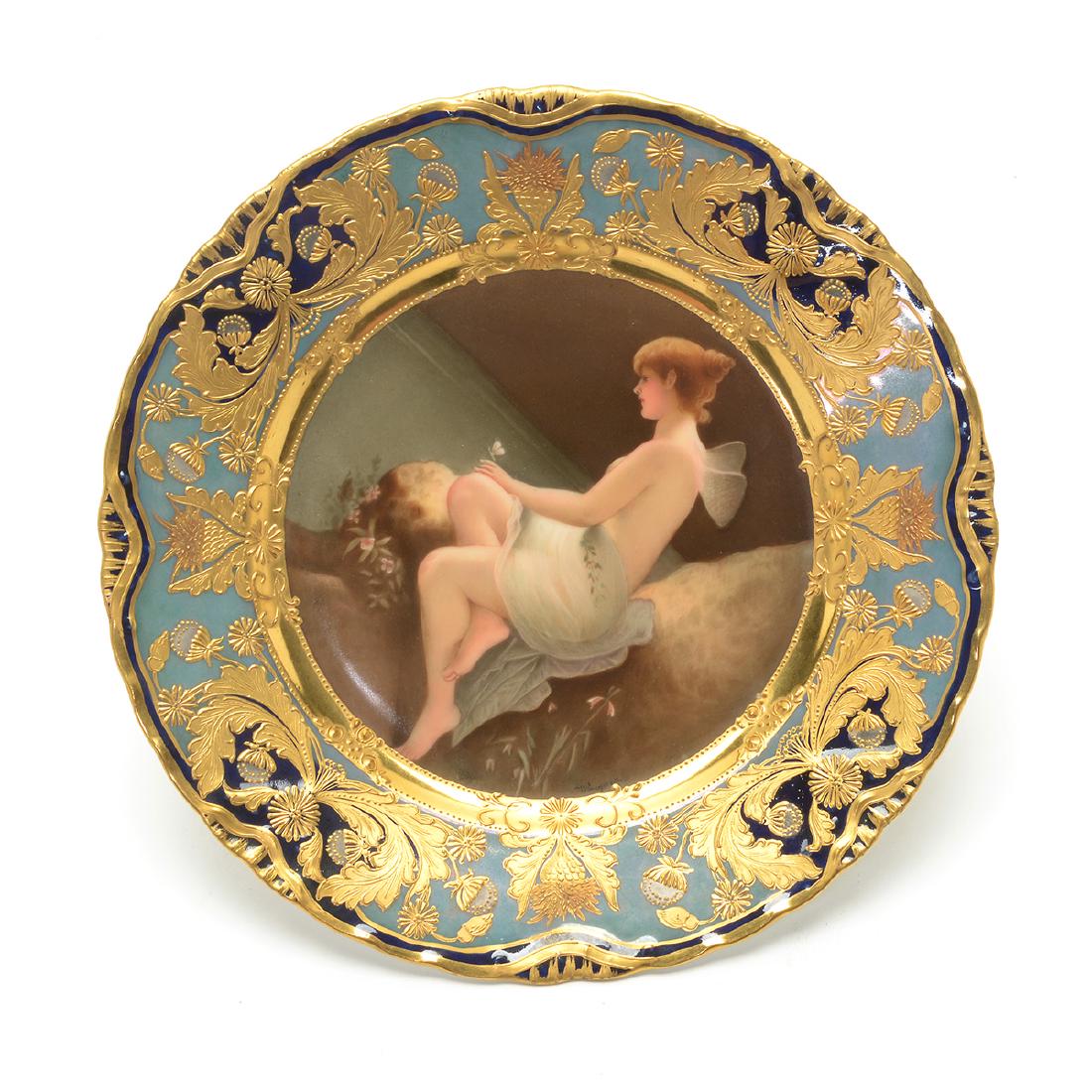Vienna-Style Psyche Porcelain Plate Signed Wagner: Vienna-Style Psyche Porcelain Plate Signed Wagner. Centering a nighttime scene of the seated figure by a lake, within a teal- and cobalt-blue borders, with extensive raised roulleted mixed gilt and co