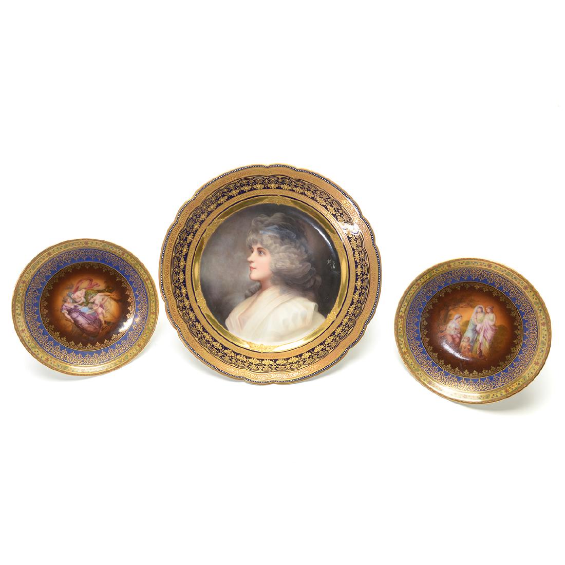 Vienna Style Porcelain Portrait Plate Signed Dietrich,: Vienna Style Porcelain Portrait Plate Signed Dietrich, with Two Additional. Centering a portrait of Mrs. Bridgewater done after George Romney (1734-1802), within a blue rim surround, decorated with ra