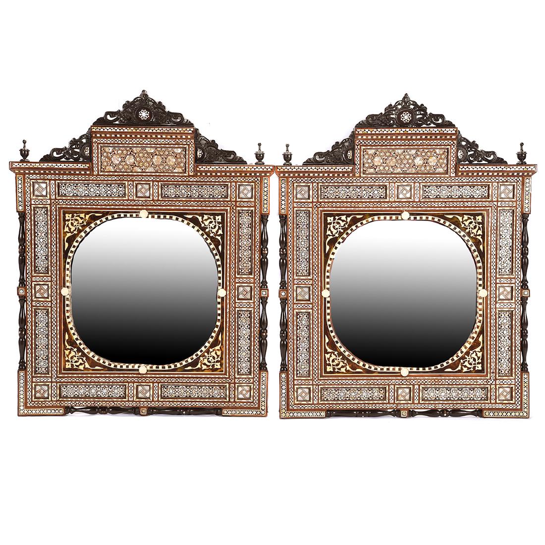 Pair of Moorish Style Inlaid Mirrors: Pair of Moorish Style Inlaid Mirrors. {Approximate dimensions: 44 tall x 35 inches wide.}