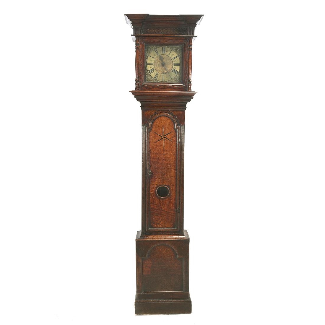 George III Inlaid Oak Tall Case Clock, Richard Wood: George III Inlaid Oak Tall Case Clock, Richard Wood. Inlay star decoration on door. Weights are decorated with a floral design in low relief. Ri Wood Salop? on dial. First quarter 18th century. {Appro