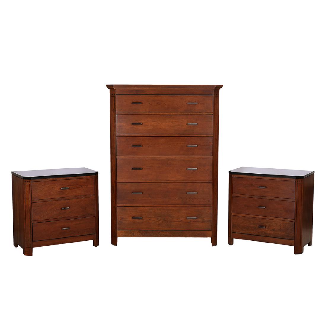 Contemporary Stickley Dresser With Accompanying Night: Contemporary Stickley Dresser With Accompanying Night Stand Pair. The dresser with six graduated drawers with darkened brass pulls and ebonized inlaid trim. Each night stand with three drawers and sla
