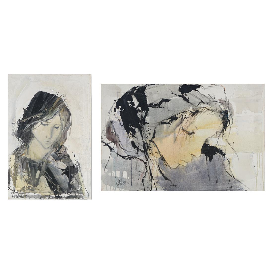 Gino Hollander 2 "Portrait of Girl" oil on canvas: GINO HOLLANDER (American 1924-2015) "Portrait of Girl with Red Eye" and "Portrait of Girl with Downcast Face" Oil on canvas. 19 5/8 x 30 inches; Frame: 21 1/4 x 31 7/8 inches. 30 x 19 7/8 inches; Fram