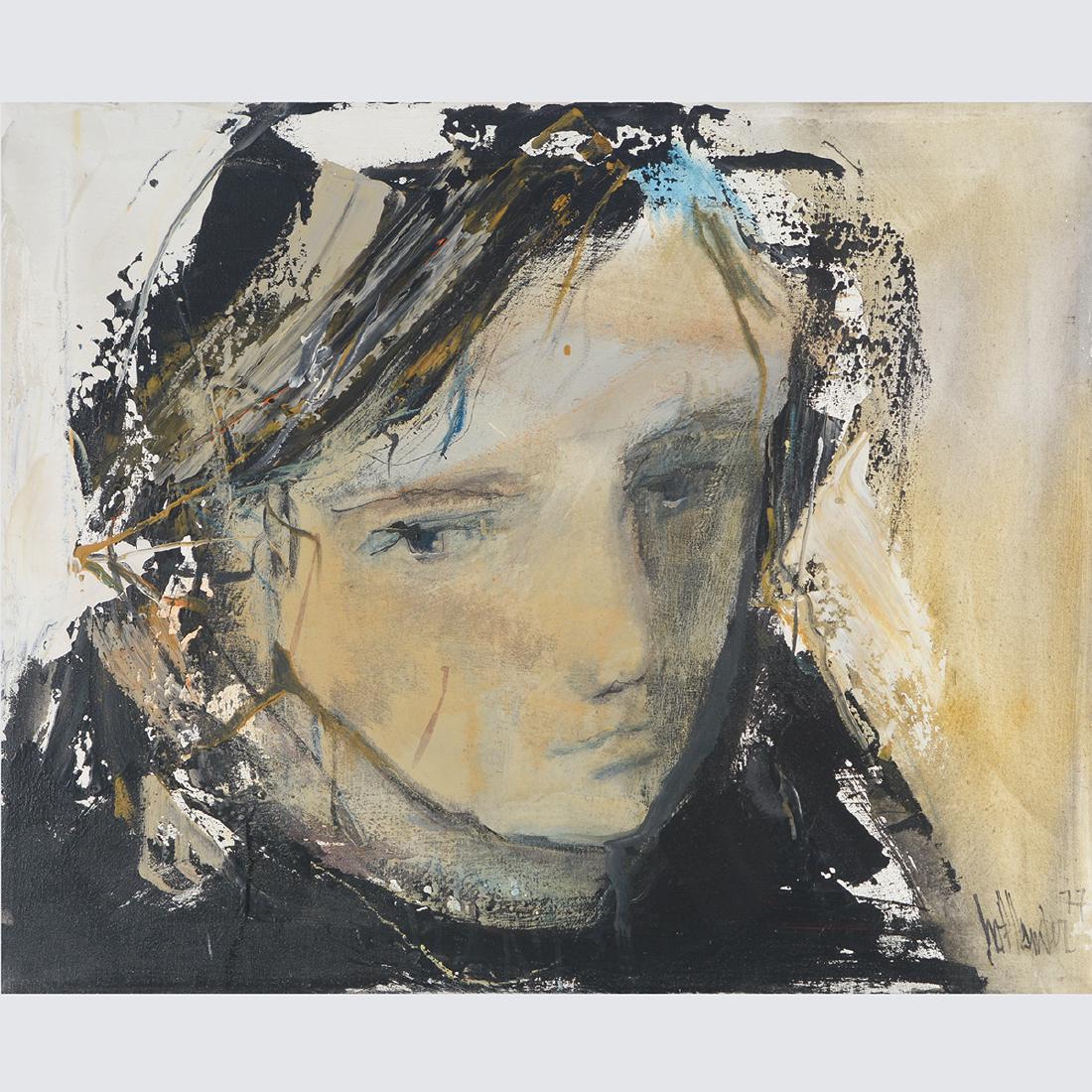 Gino Hollander "Portrait of a Boy" oil on canvas: GINO HOLLANDER (American 1924-2015) "Portrait of a Boy" Oil on canvas. Including thin frame: 28 5/8 x 34 1/2 inches. Signed and dated lower right: Hollander '77.