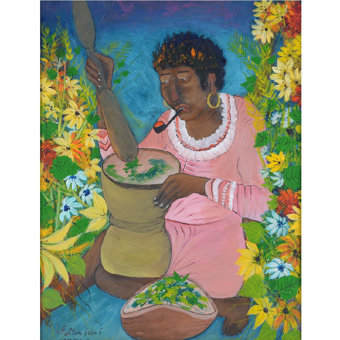 Lafortune Felix "Woman Crushing Flowers" oil on canvas: LAFORTUNE FELIX (Haitian 1933-2016) "Woman Crushing Flowers" Oil on canvas. 23 1/2 x 19 5/8 inches; Frame: 28 1/4 x 24 5/8 inches. Signed and dated lower left: Lafortune felix 2000
