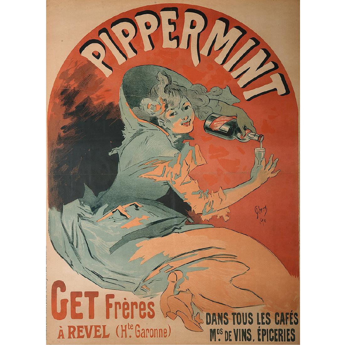Jules Cheret "Pipperment" litho poster: JULES CHâ€¦RET (French 1836-1932) "Pippermint" Lithographic poster. 47 x 33 5/8 inches; Frame: 50 x 36 1/2 inches. Signed and dated in the stone: J. ChÃˆret '90; with publisher information along