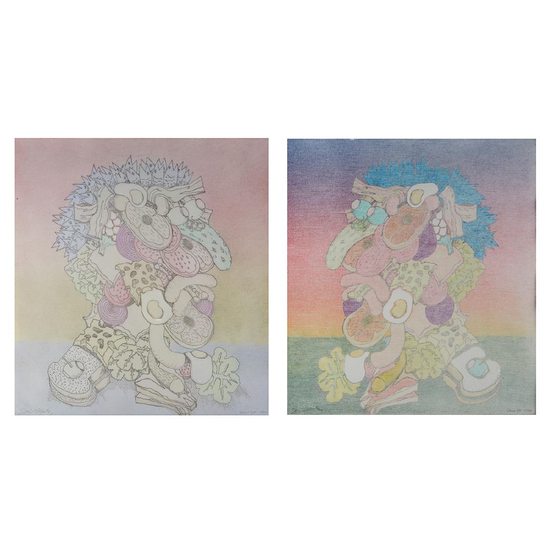 David Gilhooly "Series 5H" and "Series 3E" print: DAVID GILHOOLY (American 1943-2013) "Series 5H" and "Series 3E" Monotype. Sheet: 29 7/8 x 28 inches; Frame: 32 1/2 x 30 1/2 inches. Sheet: 30 x 28 inches; Frame: 32 1/2 x 30 1/2 inches. Pencil signed