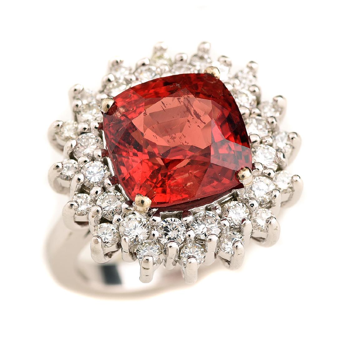 Spinel, Diamond, 14k White Gold Ring.: Spinel, Diamond, 14k White Gold Ring. Centering one cushion-cut spinel weighing approximately 7.00 cts., surrounded by full-cut diamonds weighing at total of approximately 1.65 cttw., set in a 14k whi