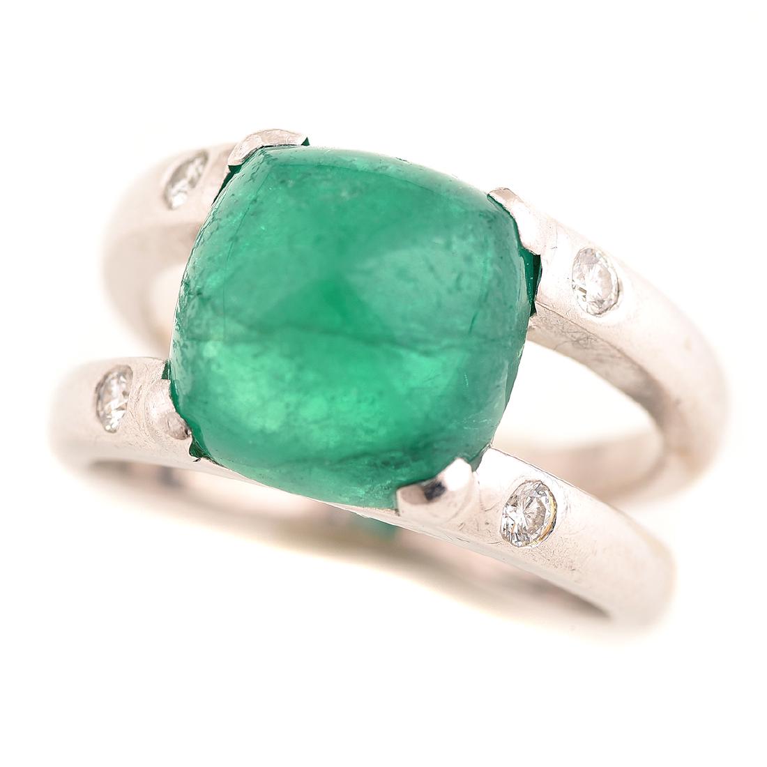 Men's Emerald, Diamond, 18k White Gold Ring.: Men's Emerald, Diamond, 18k White Gold Ring. Featuring one cushion shaped emerald sugarloaf cabochon measuring approximately 11.8 x 11.6 x 9.45 mm, accented by four full-cut diamonds weighing a total