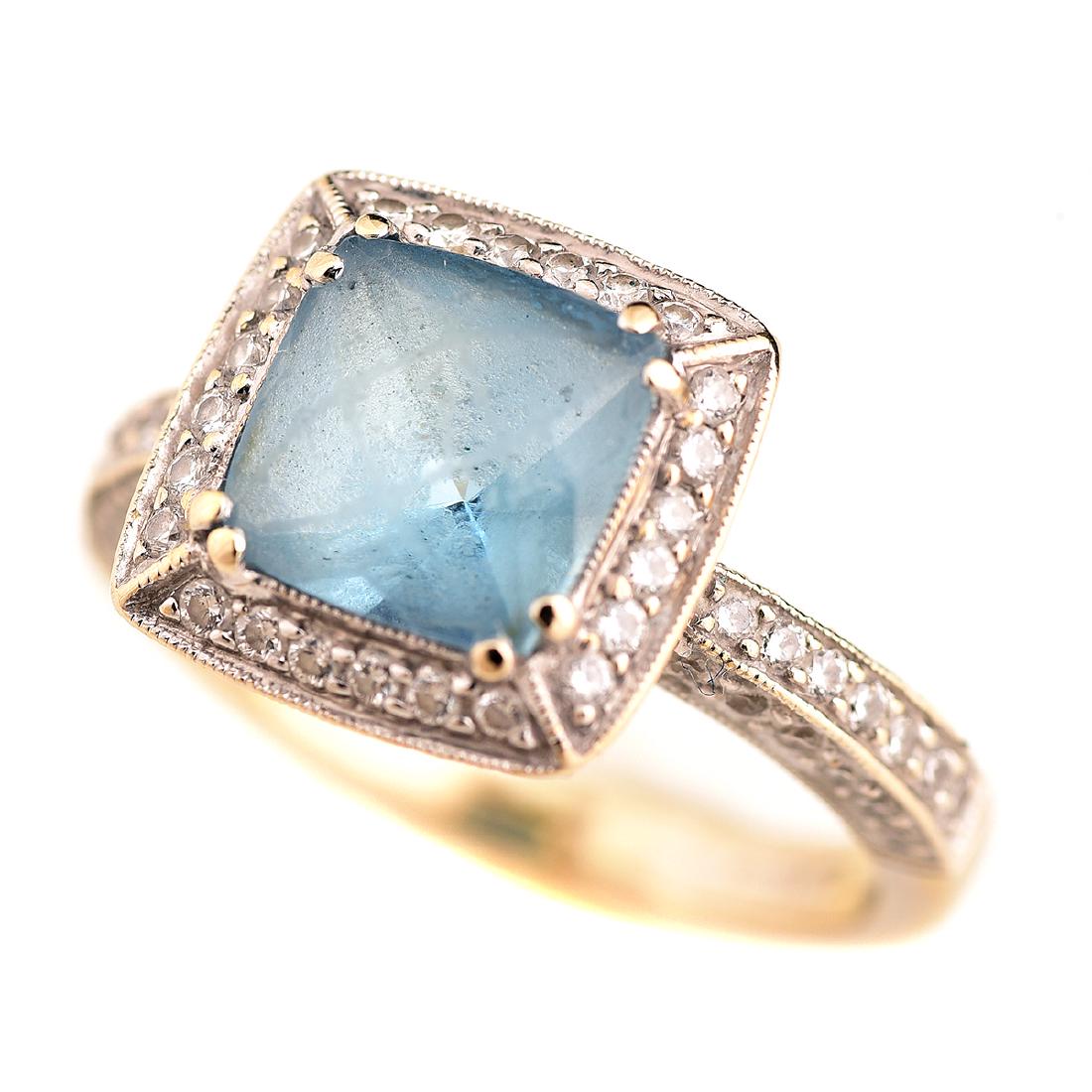 Simon G. Aquamarine, Diamond, 18k White Gold Ring.: Simon G. Aquamarine, Diamond, 18k White Gold Ring. Centering one fancy cushion-cut aquamarine weighing approximately 2.20 cts., accented by full-cut diamonds weighing a total of approximately 0.75 ctt