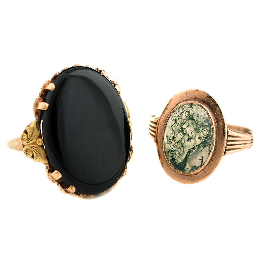 Collection of Two Victorian Moss Agate, Black Onyx,: Collection of Two Victorian Moss Agate, Black Onyx, Yellow Gold Rings. Including one oval shaped black onyx cabochon measuring approximately 25 x 18.3 mm, 10k yellow gold ring, size 9 1/2 together wit