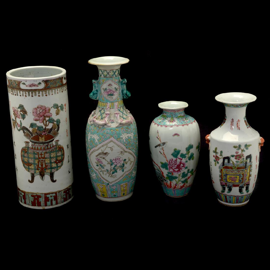 Three Chinese Porcelain Vases and a Hat Holder: Three Chinese Porcelain Vases and a Hat Holder. {Tallest: 12 inches (30.5 cm)}. [Losses].