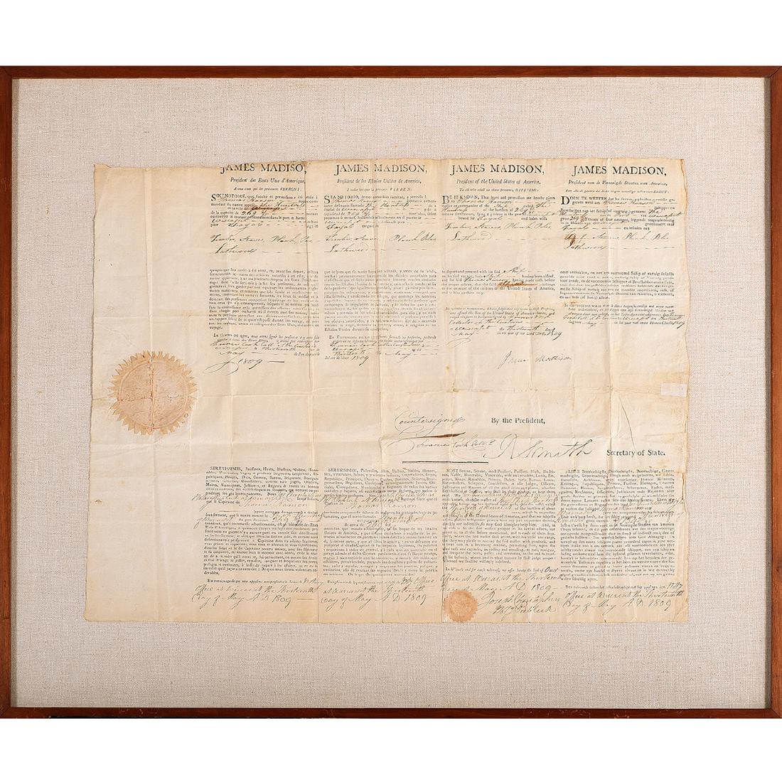 James Madison ship's papers signed May 13,1809: James Madison ship's papers signed May 13,1809. Document signed by James Madison 4th President of the United States (1751-1836) and counter signed by Secretary of State Robert Smith (1757-1842). The d