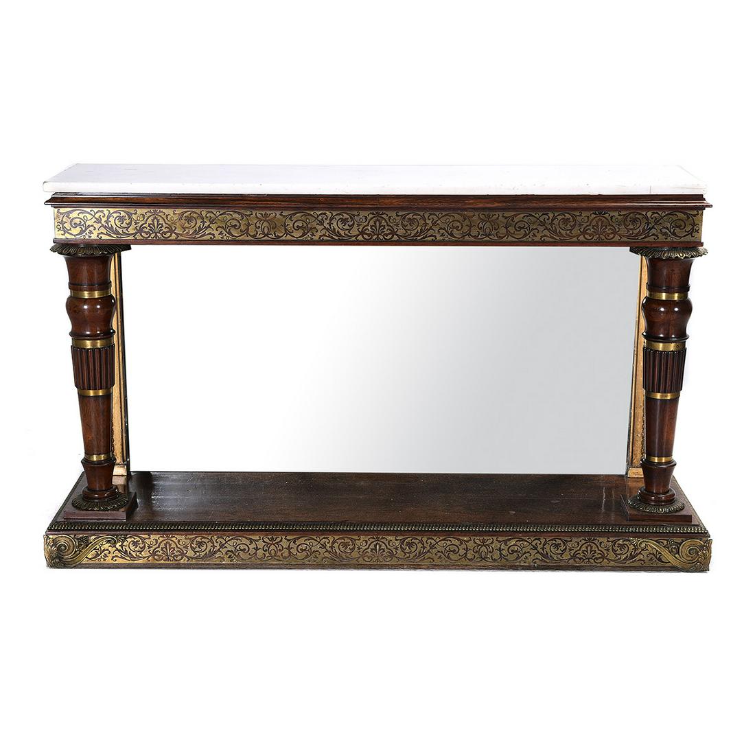 English William IV Style Oak Console Table.: English William IV Style Oak Console Table. White stone top over an outset molded edge, supported by two columns with a mirrored back behind in a gilt wood framework, all resting on a plinth base. Aca
