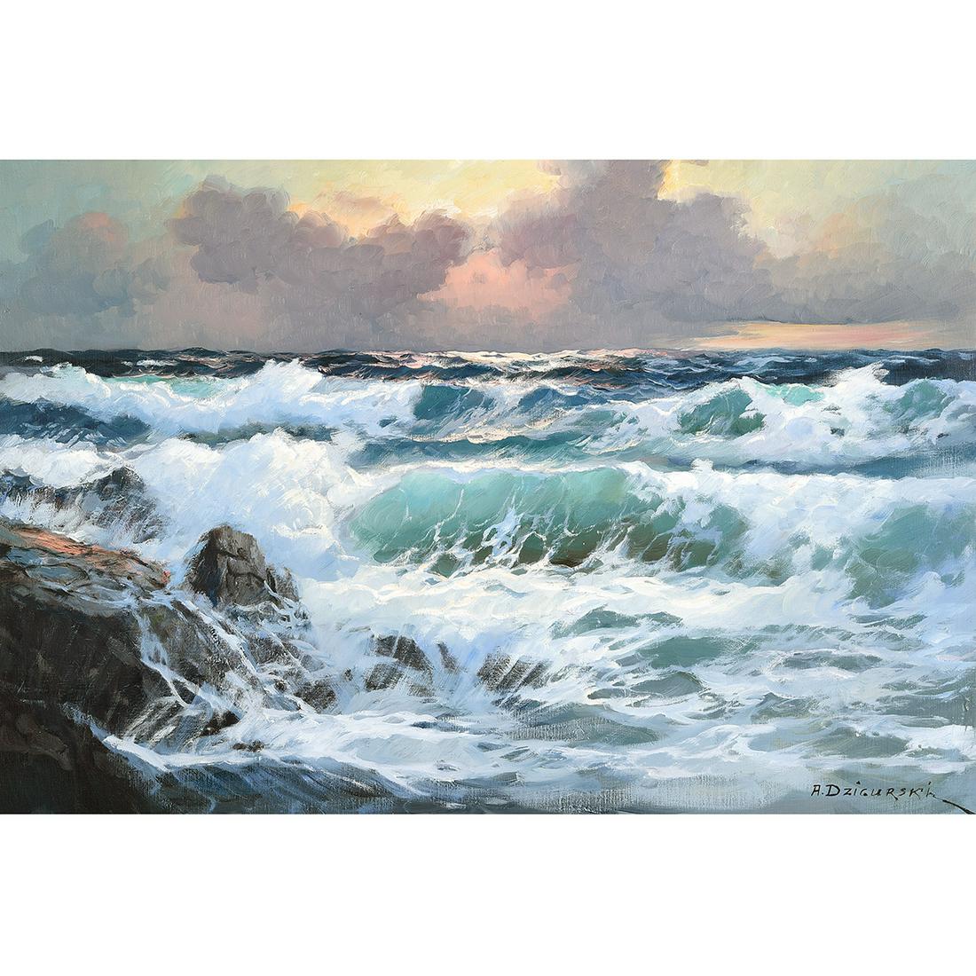 Alexander Dzigursky "Crashing Waves" oil on canvas: ALEXANDER DZIGURSKI (American 1911-1995) "Crashing Waves" Oil on canvas. 24 1/4 x 35 7/8 inches; Frame: 32 3/4 x 45 1/4 inches. Signed lower right: A. Dzigurski; Copyright notice stamped verso: Copyri