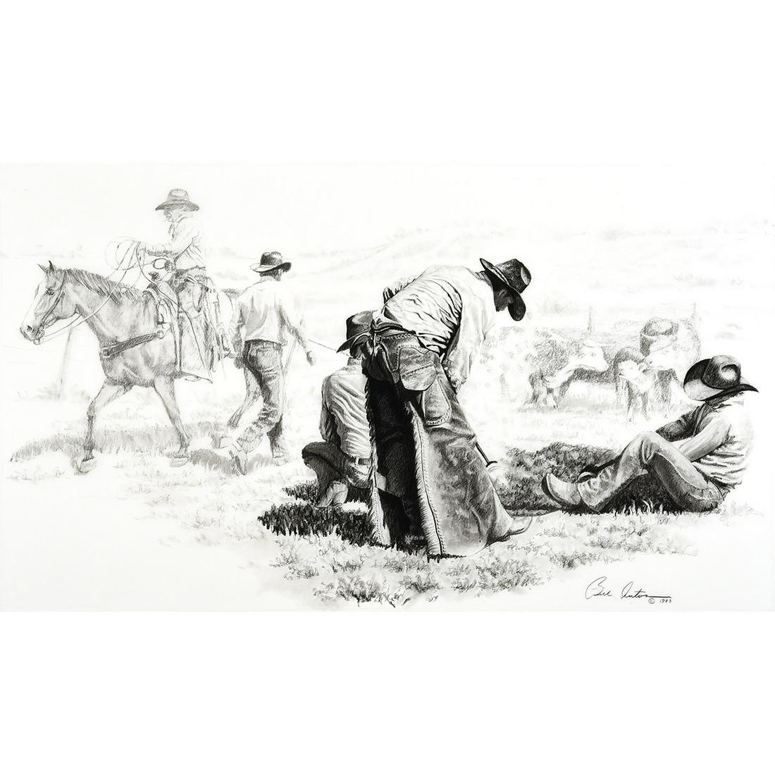 Bill Anton "In Time Honored Fashion" pencil on paper: BILL ANTON (American b. 1957) "In Time Honored Fashion" Pencil on paper. Sight: 20 x 33 1/4 inches; Frame: 29 5/8 x 43 3/8 inches. Signed and dated lower right: Bill Anton 1983.