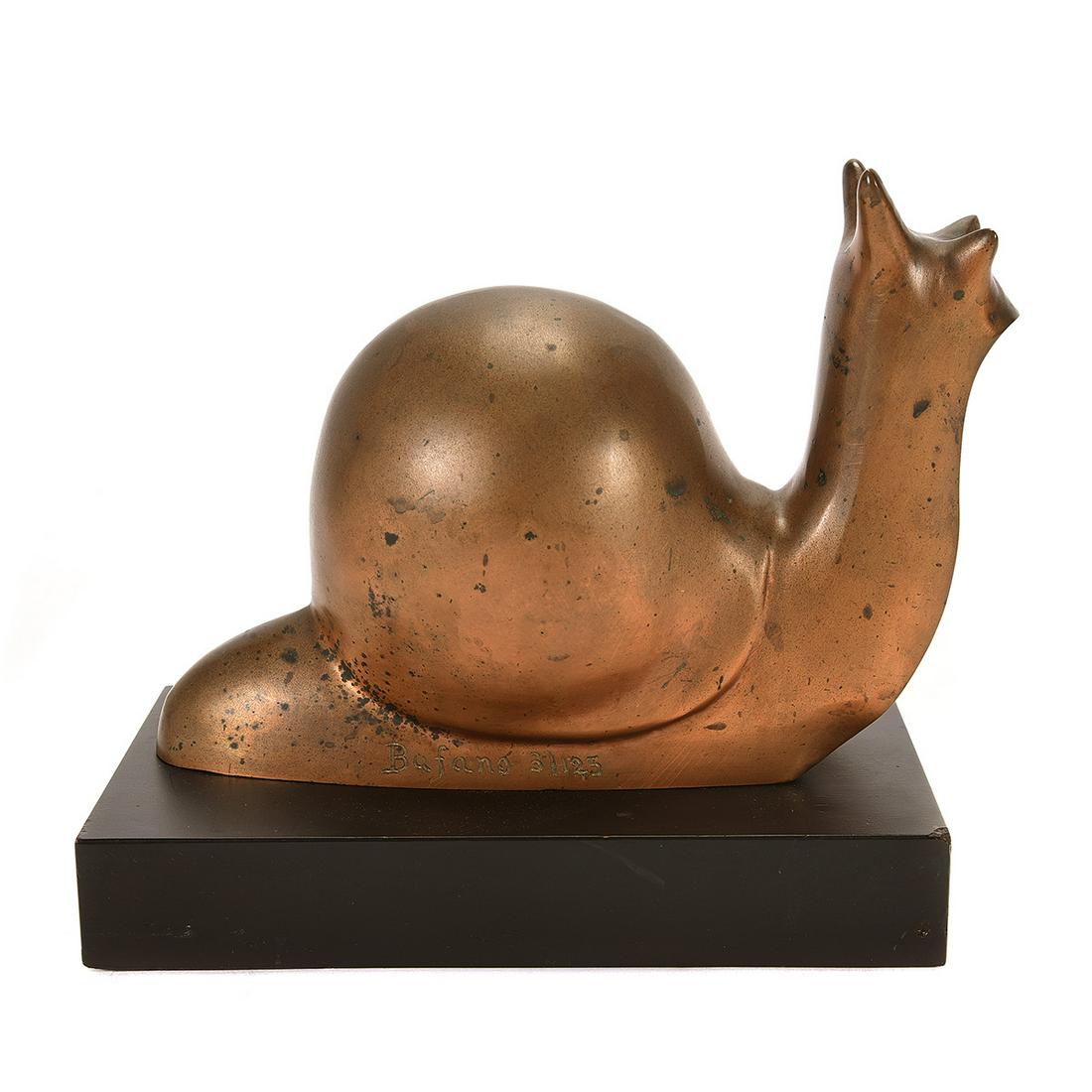 Bufano "Snail" bronze: BENIAMINO BUFANO (American / Italian 1898-1970) "Snail" Bronze. Including wood base: 8 x 9 x 4 3/4 inches. Signed and numbered on the bottom left of the body: Bufano 3/125. Provenance: Purchased at Co