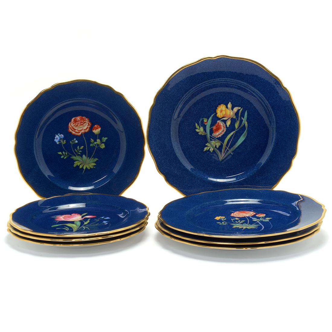 Ten Spode Blue Ground Porcelain Dinner Plates with: Spode Blue Ground Porcelain Dinner and Dessert Plates with Various Hand Painted Flowers. Pattern Y3697, comprising ten dinner plates and twelve dessert plates. Marked on undersides: Spode Copeland's C