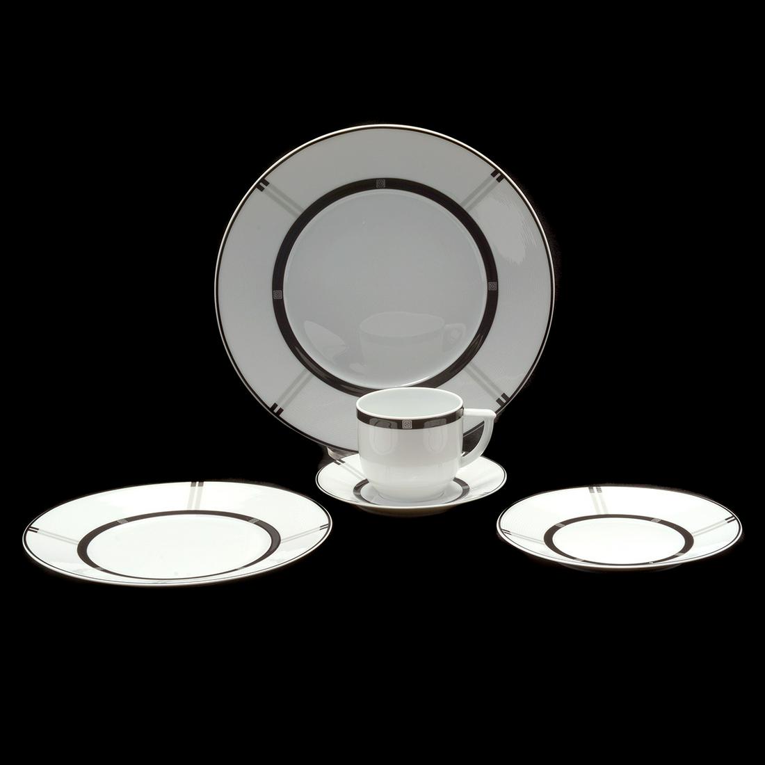 Bernardaud Limoges Wiener Pattern Partial China Set.: Bernardaud Limoges Wiener Pattern Partial China Set. Comprising sixteen dinner plates, fifteen salad plates, fifteen bread and butter plates, fifteen saucers, and twelve teacups, each decorated with s