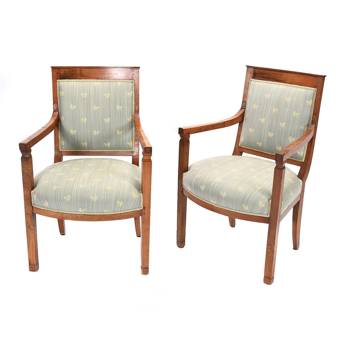 Pair of Directoire Fruitwood Fauteuil Armchairs.: Pair of Directoire Fruitwood Fauteuil Armchairs. Upholstery in light blue with white sprigs. Circa 1800. {Approximate dimensions: 34 1/2 high x 22 1/2 wide x 23 inches deep.}. Condition: Minor wear to
