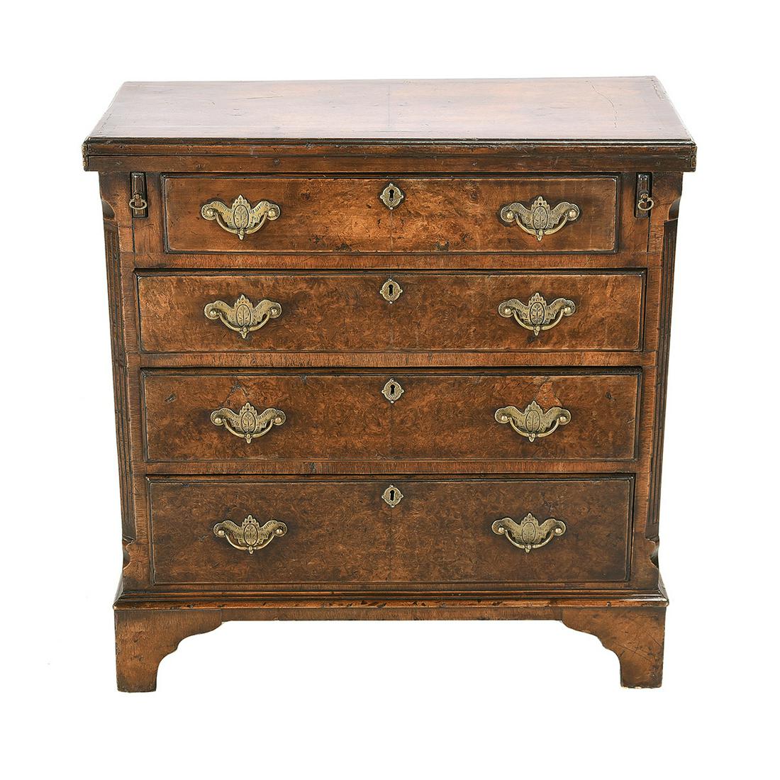 19th Century English Burl Walnut Butler's Chest/Desk.: 19th Century English Burl Walnut Butler's Chest/Desk. Top with inlaid banding and moulded edge, over four graduated drawers, set on bracket feet. The top flips open to double in size and acts as a wri
