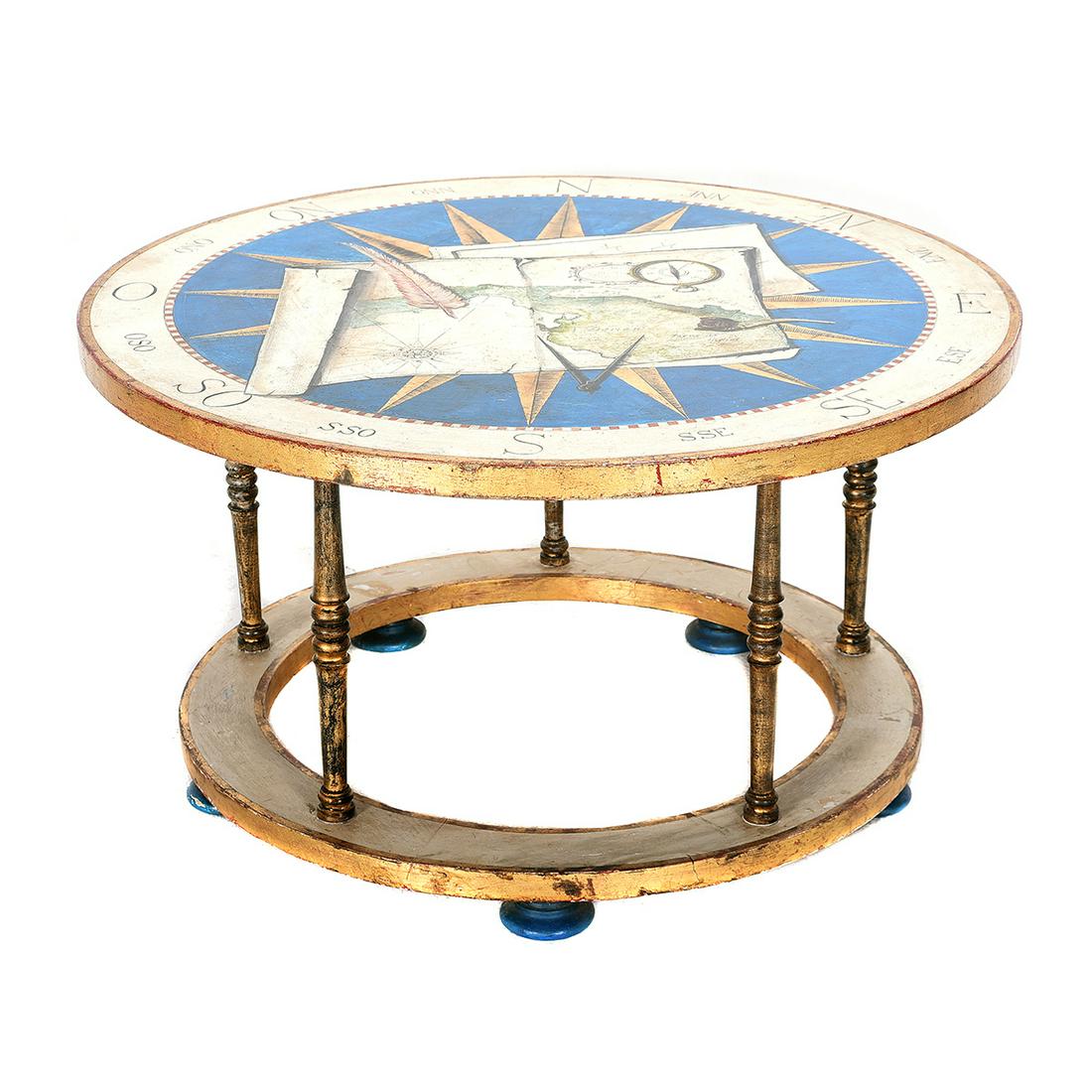 Round Painted Wood Compass-Themed Occasional Table.: Round Painted Wood Compass-Themed Occasional Table. The table top painted with a central multi-pointed gold star in a marine blue field, faux maps and antique telescope painted to the center, with pos