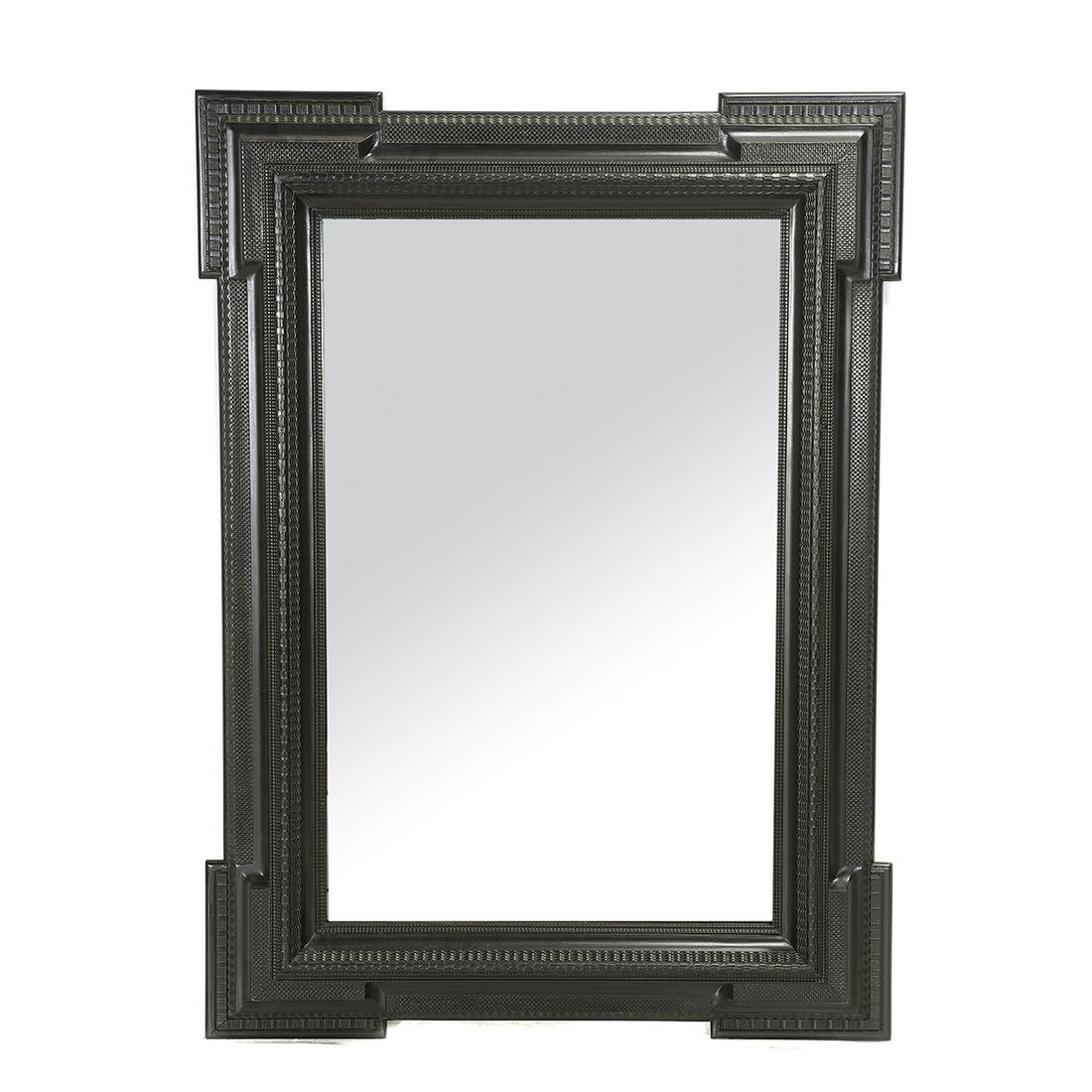 Dutch Baroque Style Ebonized Wood Bolection Mirror.: Dutch Baroque Style Ebonized Wood Bolection Mirror. The frame carved with various textural patterns. Contemporary. {Approximate dimensions: 52 1/2 high x 38 inches wides.}. Condition: Repair to one co