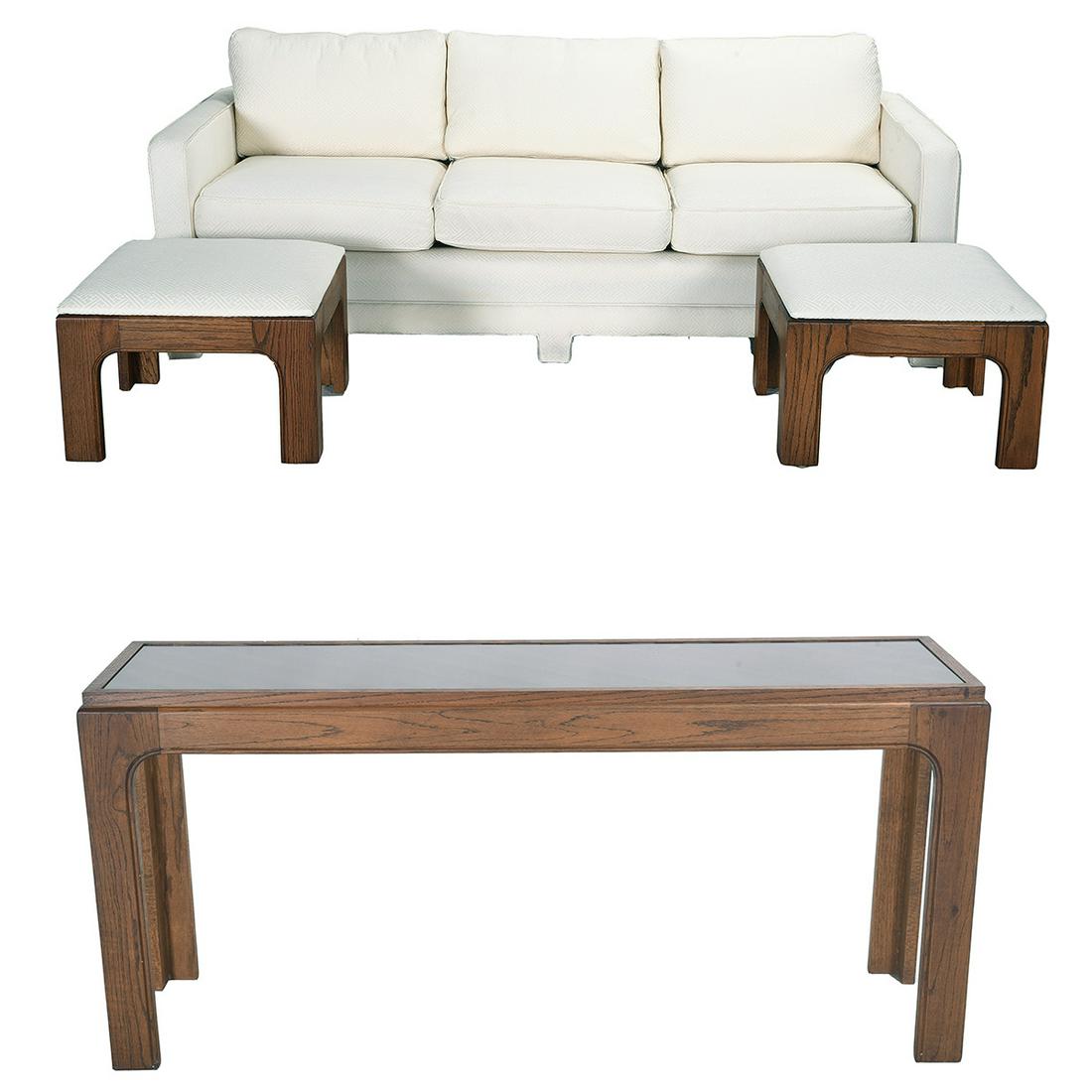 Cream Upholstered Three Cushion Sofa with Matching: Cream Upholstered Three Cushion Sofa with Matching Ottomans and Sofa Table. The three cushion sofa upholstered with a white Chinese influence geometrical pattern. The ottomans with oak bases and uphol
