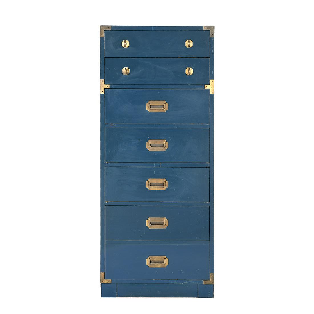 Blue Painted Six Drawer Campaign Chest.: Blue Painted Six Drawer Campaign Chest. With brass pulls and corners. The bottom drawer appears as two. Late 20th century. {Approximate dimensions: 52 1/4 high x 22 wide x 16 1/4 inches deep.}. Condit