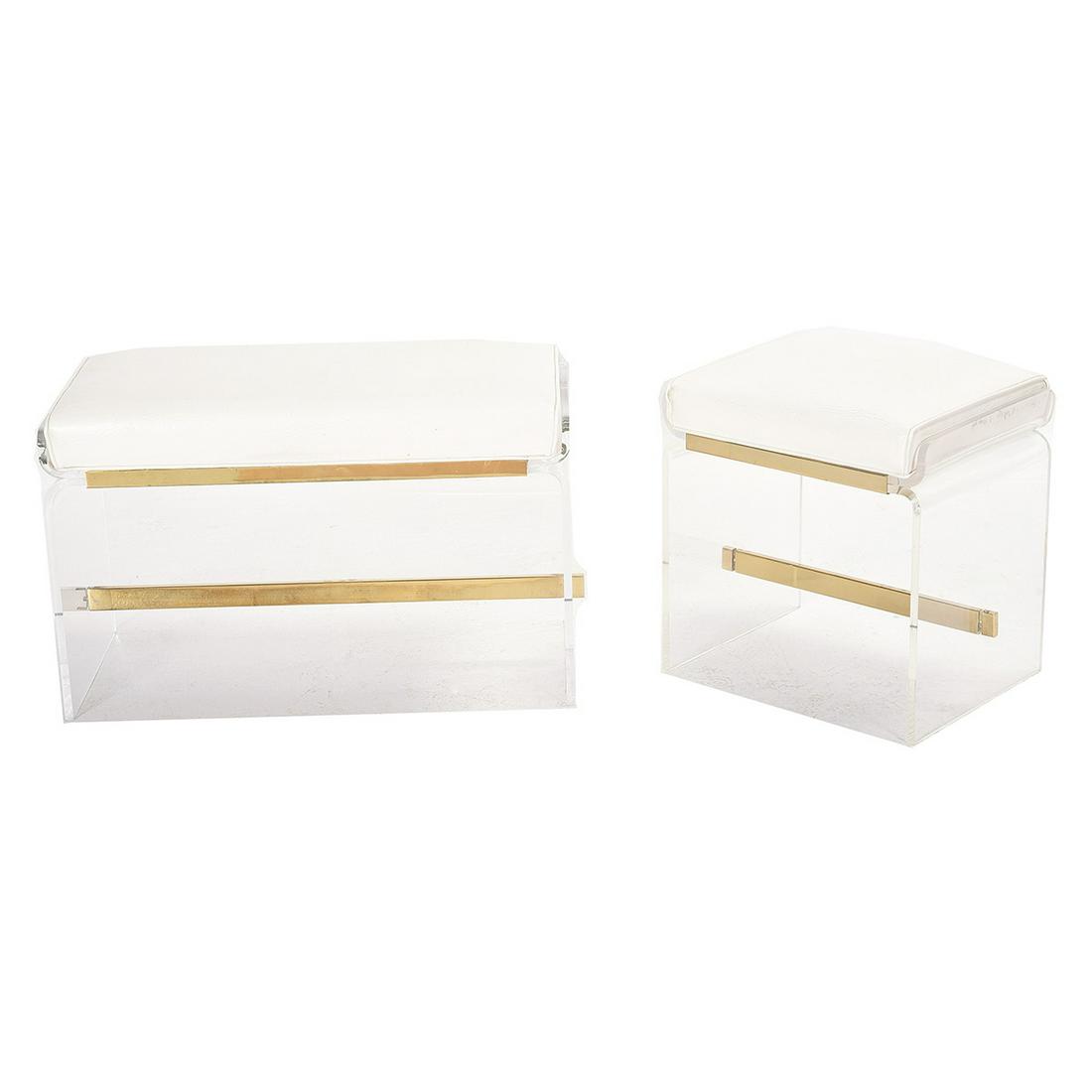 Contemporary Lucite Bench and Stool.: Contemporary Lucite Bench and Stool. White faux leather seats set in a lucite frame, mounted with brass and a brass stretcher. {Approximate dimensions: Bench 19 1/2 high x 30 wide x 14 inches deep, st
