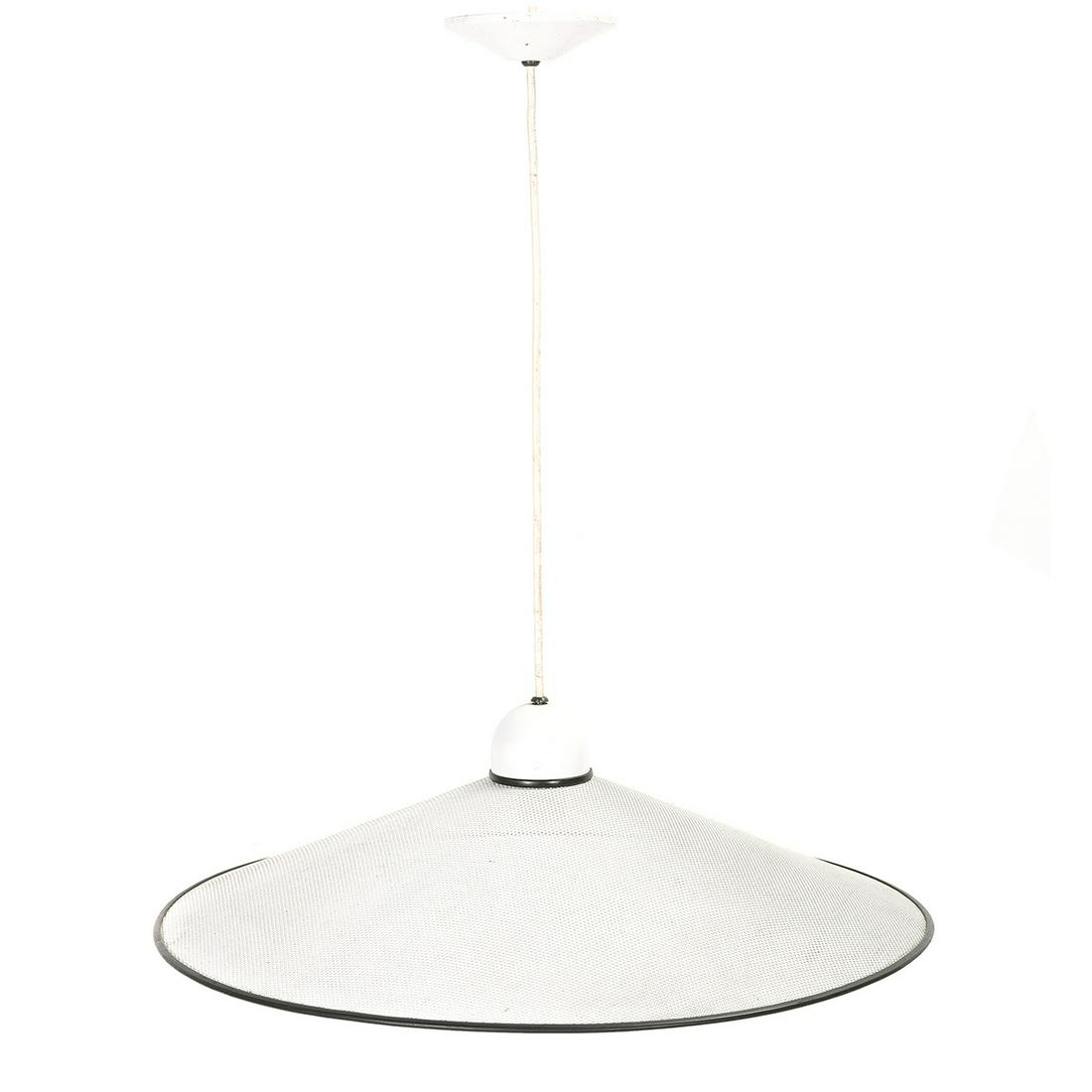 Ron Rezek Pendent Light Fixture from Stookey's in LA, a: Ron Rezek Pendent Light Fixture from Stookey's in LA, a Mid Century Modern Hanging Lamp. Conical form, white perforated metal with a black rubber rim. Single light. {Approximate dimensions: 23 1/2 dia